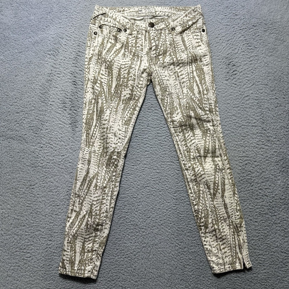 Free People Denim Feather Print Ankle Zip Cropped Skinny Jeans Size 26 Boho
